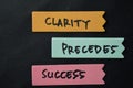 Clarity, Precedes, Success write on sticky notes isolated on office desk