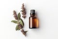 Clary Sage Essential Oil In Small Brown Bottle Next To Clary Sage On White Background, Top View. Generative AI