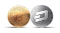 Clash of Bitcoin and Dash coins isolated on white background