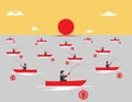 Clash of competition, Competitive market of digital coins. Businessmen compete in fishing with coins in the middle of the sea