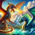 Clash of Elements: Fire Dragon vs. Water Dragon Amidst Mountains and Clouds. Royalty Free Stock Photo