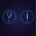 Clasic blue color question and exclamation point in circle, icon, logo, sign with gradient on dark purple background for