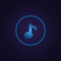 Clasic blue color sign music melody in circle, icon, logo, sign with gradient on dark purple background for application, for game