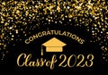 Class of 2023 banner. Gold confetti graduation party or prom decorations. Congratulations to graduates typography poster