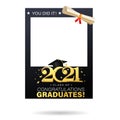 Class of 2021 black and gold design template for graduation photo booth props. Congratulations graduates frame for selfie. Royalty Free Stock Photo