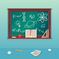 Class blackboard with chalk piece and school supplies. Blackboard for school, chalkboard for classroom, education and