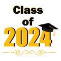 Class of 2024 celebration design. Graduation cap emblem. Yellow and black. Vector illustration. EPS 10. Royalty Free Stock Photo