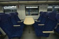 2 class compartment of the wagon of commuter train, seats and doors, nobody Royalty Free Stock Photo