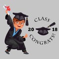 Class of 2018 congrats colorful flat poster with happy cheerful graduate in gown and cap vector illustration Royalty Free Stock Photo