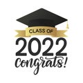 Class of 2022 congrats concept design. Graduate congratulation poster decorated by gold ribbon and academic cap