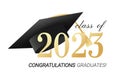 Class of 2023. Congratulations graduates with black and gold design and academic cap.Vector illustration