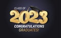 Class of 2023. Congratulations graduates gold graduation concept with 3d text vector illustration