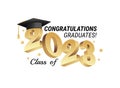 Class of 2023. Congratulations graduates gold graduation concept with 3d text vector illustration