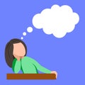 In class, the girl thinks. A woman sits at a table up to her waist. white cloud for text.