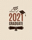 Class of 2021 graduate banner with hat, paper roll, laurel on beige seamless triangle background for invitation, poster, greeting