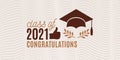Class of 2021 graduate congratulations banner with hat, laurels on waves background for invitation, banner, greeting card,