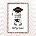 Class of 2020 graduate poster with hat, laurels on blush rose waves background for invitation, banner, greeting card, postcard.