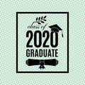 Class of 2020 graduate poster with hat, paper roll, laurel on emerald seamless triangle background for invitation, banner,