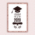 Class of 2020 graduate poster with hat, scroll, laurels on pale pink seamless triangle background for invitation, banner, greeting