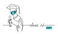 Class of 2021, graduating student in face mask with cap, gown, holding diploma. One continuous line drawing illustration