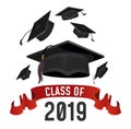 Class of 2019 graduation greeting card. Graduations caps thrown up with red ribbon. Grad vector poster