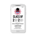 Class of 2020 Graduation party invitation on smartphone screen. Cute cartoon coronavirus wearing graduation cap and protective