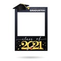 Class of 2021. Graduation party photo booth prop. Photo frame with academic cap, hand lettering and confetti. Congratulations Royalty Free Stock Photo