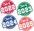 Class of 2022, 2023, 2024, and 2025 Graduation Stamps Royalty Free Stock Photo