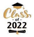 Class of 2022. Greeting lettering sign with academic cap and diploma. Congratulating vector banner for graduation party, Royalty Free Stock Photo