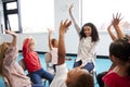 A class of infant school children sitting on chairs in a circle in the classroom, raising hands with their female teacher, close u