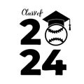 Class of 2024 lettering with graduation hat and baseball ball. Congratulations to graduates typography poster. Vector Royalty Free Stock Photo