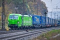 Class 193 locomotive Siemens VECTRON, drives through Gemuenden with "LKW WALTER" semi-trailers.