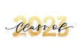 Class of 2023. Modern calligraphy. Hand drawn brush lettering logo. Graduate design yearbook. Vector illustration.