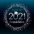 Class off 2021 graduates, silver glitter confetti on dark blue label