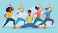 The class practices mindful movement focusing on their breath and bodily sensations as they stretch and move in unison
