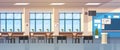 Class Room Interior Empty School Classroom With Chalkboard And Desks