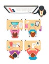 Class top view. Students and teacher learning in college classroom with blackboard vector illustration