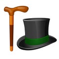 Classic accessories gentleman. Cylinder hat and walking stick isolated on white background. Vector illustration. Royalty Free Stock Photo