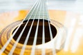 Classic acoustic guitar at weird and unusual perspective closeup. Six strings, free frets, sound hole and soundboard. Royalty Free Stock Photo