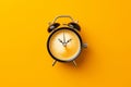 Classic alarm clock with coffee instead of a clock face isolated on a yellow background with copy space. Coffee break, morning Royalty Free Stock Photo