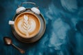 Classic alarm clock with coffee instead of a clock face isolated on a blue background with copy space. Coffee break, morning Royalty Free Stock Photo