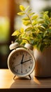 Classic alarm clock and potted houseplant grace wooden tabletop