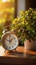 Classic alarm clock and potted houseplant grace wooden tabletop