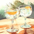 Classic alcoholic cocktail gin and tonic in two glasses. Refreshing drink with lime orange and ice. Vector