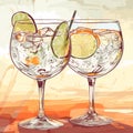 Classic alcoholic cocktail gin and tonic in two glasses. Refreshing drink with lime orange and ice. Vector