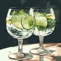 Classic alcoholic cocktail gin and tonic in two glasses. Refreshing drink with lime orange and ice. Vector