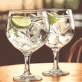 Classic alcoholic cocktail gin and tonic in two glasses. Refreshing drink with lime orange and ice. Vector