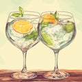 Classic alcoholic cocktail gin and tonic in two glasses. Refreshing drink with lime orange and ice. Vector