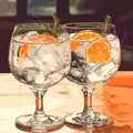 Classic alcoholic cocktail gin and tonic in two glasses. Refreshing drink with lime orange and ice. Vector