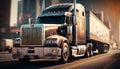 Classic American big rig semi truck with semitrailer semi trailer running on the highway in a freight transportation concept. Royalty Free Stock Photo